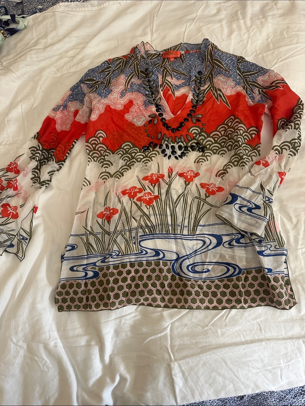 Hale Bob Red White Blue Floral Scenic V-Neck Swim Coverup